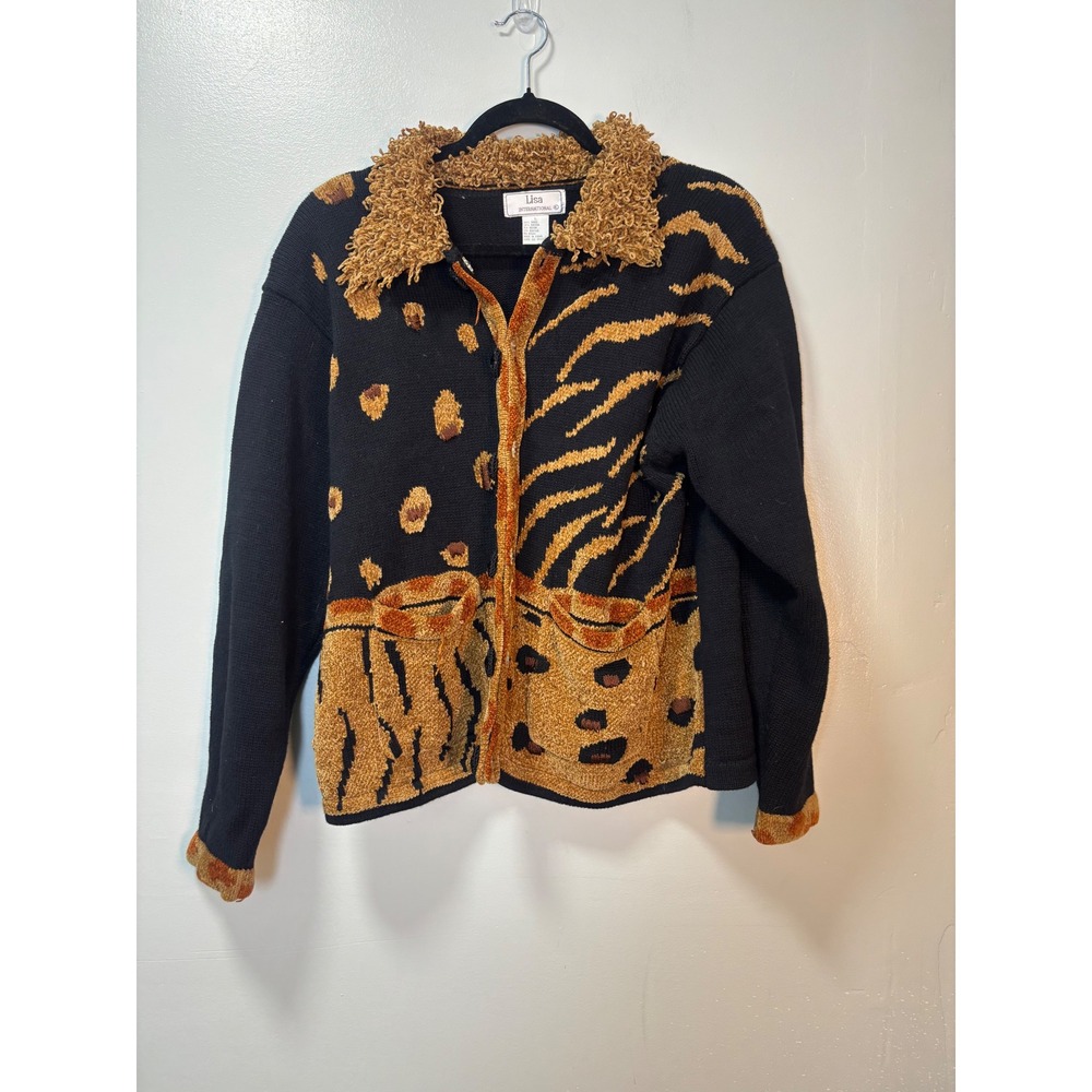Lisa International Vintage Animal Print Knit Cardigan Sweater Large Black Gold